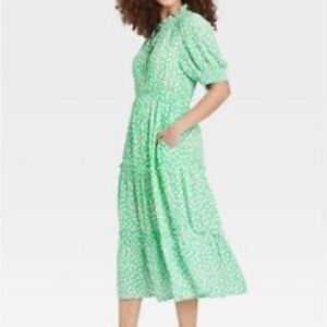 Who What Wear Green Floral Midi Puff Elbow Sleeve Dress in Size Large